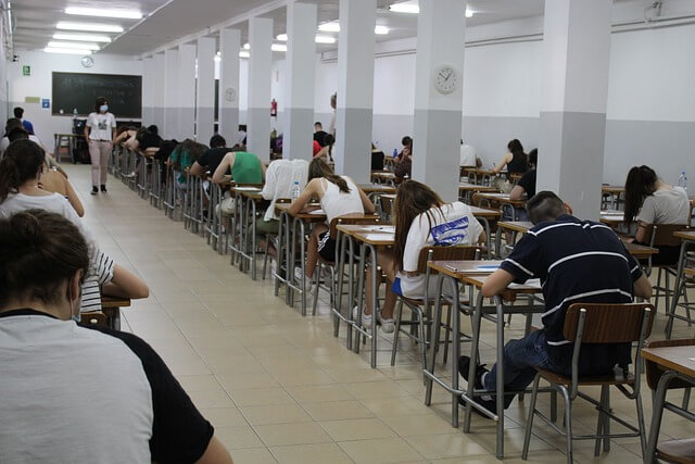Students doing a test in a classroom